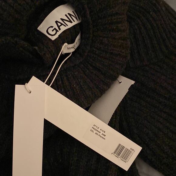 GANNI Rib Ruffle Trim Turtleneck Sweater Gray Wool Open Back Large - Picture 5 of 15